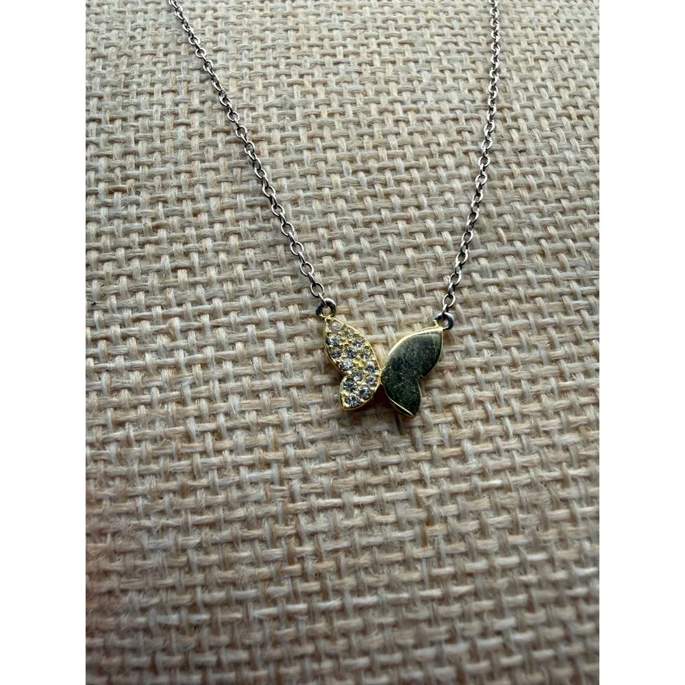Sterling Silver 925 Two Tone Gold Butterfly‎ CZ Pendant Necklace 18 Inch